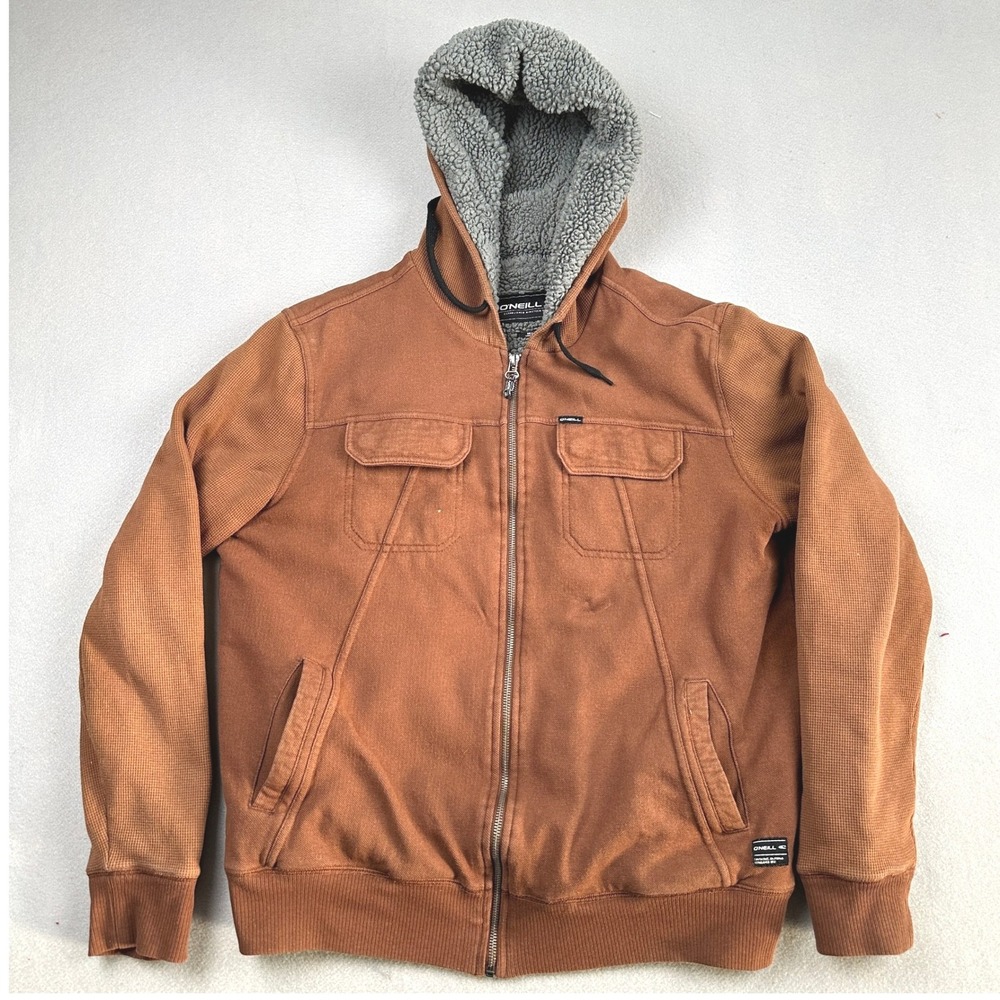 ONeill Mens Medium Rust‎ Brown Sherpa Lined Waffle Knit Zip Up Hoodie Jacket